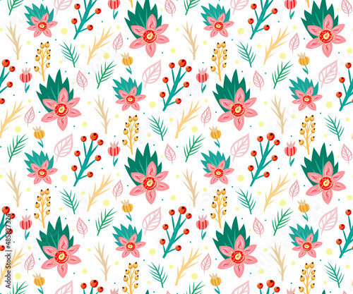 Seamless pattern with winter and floral elements. Bright design for scrapbooking, textile, wallpaper, other surface. 