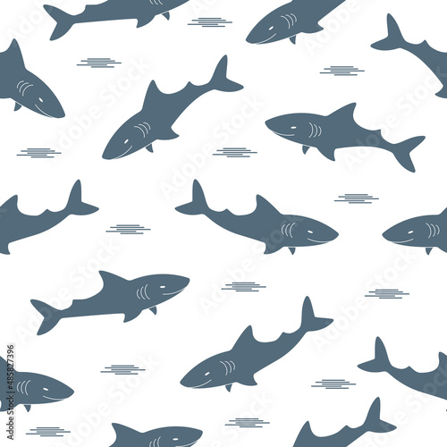 Seamless pattern with swimming sharks. Vector illustration.