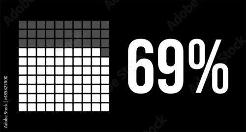 69 percent diagram, sixty-nine percentage vector infographic. Rounded rectangles forming a square chart. White on black background.