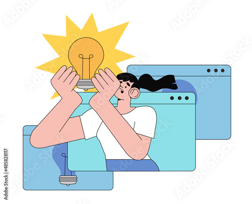Concept of finding brilliant ideas or thinking. Creative people with light bulbs. Business character with lightbulbs as symbol of solution and knowledge for web banner design, ui. Variants search.
