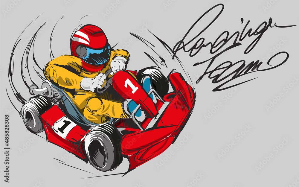 Go-kart driver with yellow uniform going really fast. Red go-kart at max speed. Driving and racing sport illustration concept. - obrazy, fototapety, plakaty 