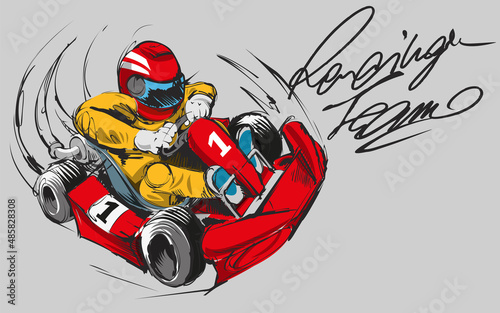 Go-kart driver with yellow uniform going really fast. Red go-kart at max speed. Driving and racing sport illustration concept. photo