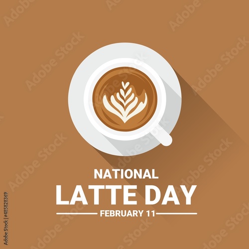 A cup of flat style latte coffee with long shadow, as a national latte day banner or poster. vector illustration.