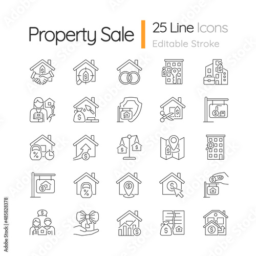 Property sale linear icons set. Real estate market. House purchase. Home mortgage. Customizable thin line symbols. Isolated vector outline illustrations. Editable stroke. Quicksand-Light font used