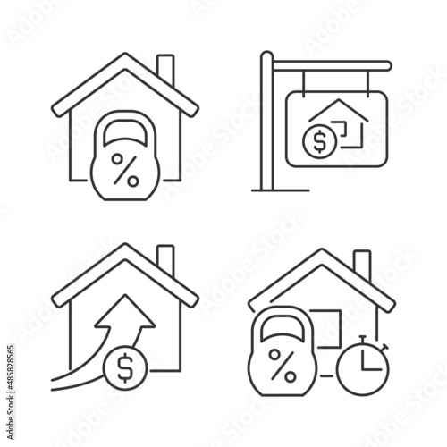 Buying house linear icons set. Home mortgage. Accomodation purchase. Real estate prices. Property sale. Customizable thin line symbols. Isolated vector outline illustrations. Editable stroke © bsd studio