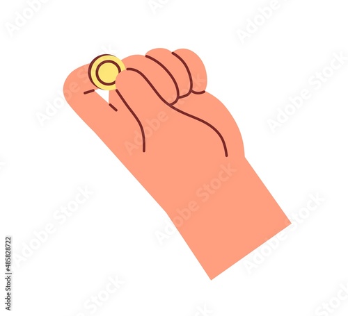 Gold coin in fingers. Hand with money. Thumb and forefinger with change to to...