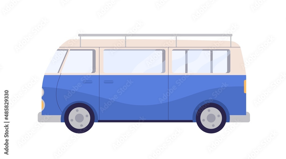 Camper van in retro style. Holiday car for summer travel. Minibus of 60s, side view. Tourists auto, road transport. Vintage vehicle, campervan. Flat vector illustration isolated on white background