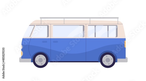 Camper van in retro style. Holiday car for summer travel. Minibus of 60s, side view. Tourists auto, road transport. Vintage vehicle, campervan. Flat vector illustration isolated on white background