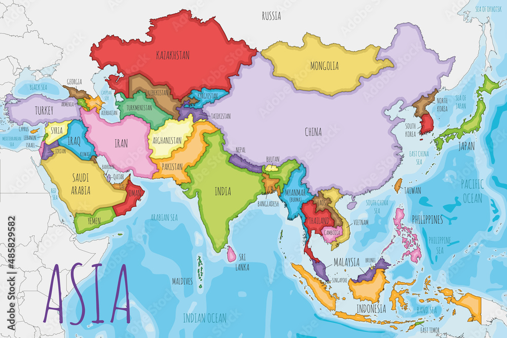 Political Asia Map vector illustration with different colors for each country. Editable and clearly labeled layers.