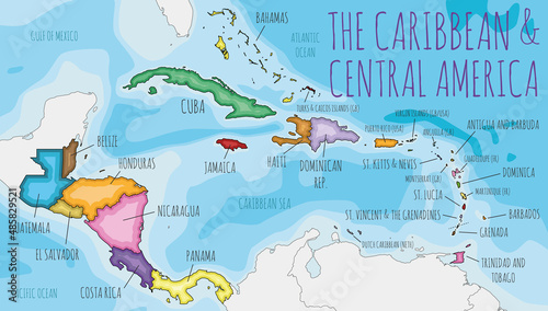 Political Caribbean and Central America Map vector illustration with different colors for each country. Editable and clearly labeled layers.