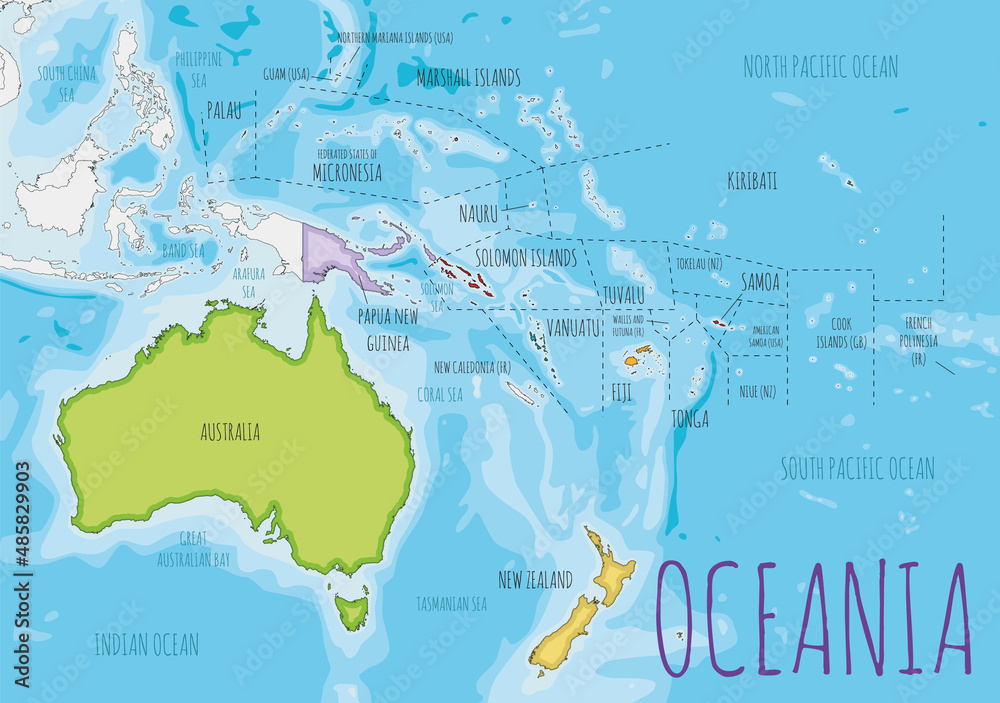 Political Oceania Map vector illustration with different colors for each country. Editable and clearly labeled layers. - obrazy, fototapety, plakaty 