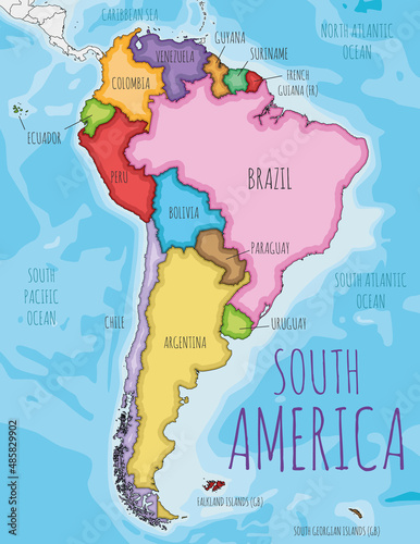 Political South America Map vector illustration with different colors for each country. Editable and clearly labeled layers.