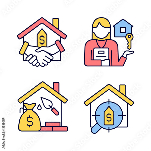 Home buying process RGB color icons set. Real estate agent. Property mortgage. Searching house. Isolated vector illustrations. Simple filled line drawings collection. Editable stroke