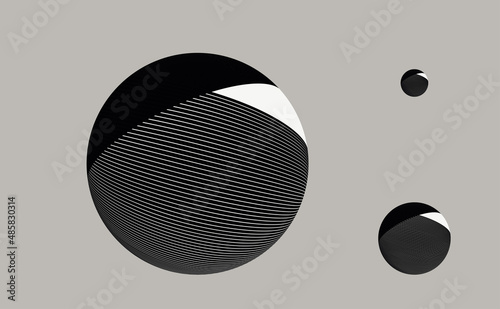 three graphic design spheres floating in silver shades