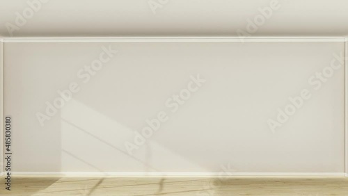 Empty apartment room realistic 3d render zoom in camera dolly. Wooden floor and white walls real estate apartment with sun light falls through windows.