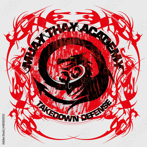 Muay thai academy coat of arms with a dragon in the center as a mascot. Martial arts illustration concept.