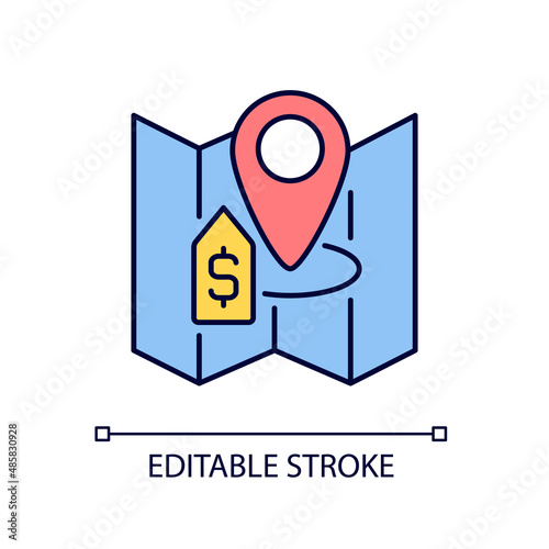 Land selling RGB color icon. Plot trading and purchasing. building construction. Real estate. Property sale. Isolated vector illustration. Simple filled line drawing. Editable stroke. Arial font used