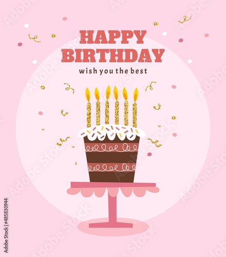Cute flat vector illustration of happy birthday cake. Birthday cake with candles and gold confetti. Birthday card. Anniversary desserts with candles on pink background.