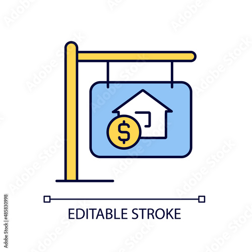 House selling RGB color icon. Home purchasing. Realty buying. Real estate ownership. Property sale. Isolated vector illustration. Simple filled line drawing. Editable stroke. Arial font used