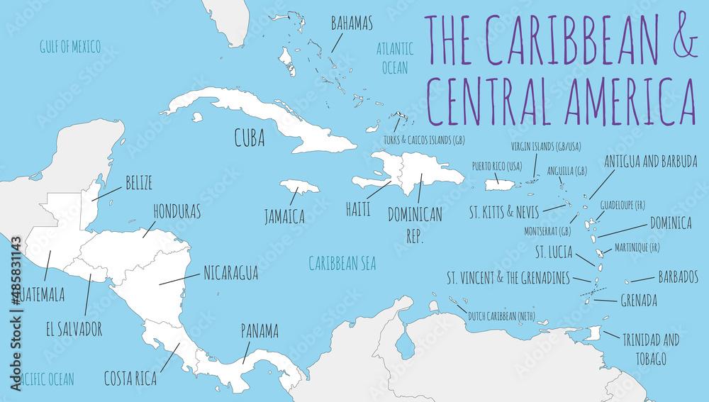 Political Caribbean and Central America Map vector illustration with countries in white color. Editable and clearly labeled layers.