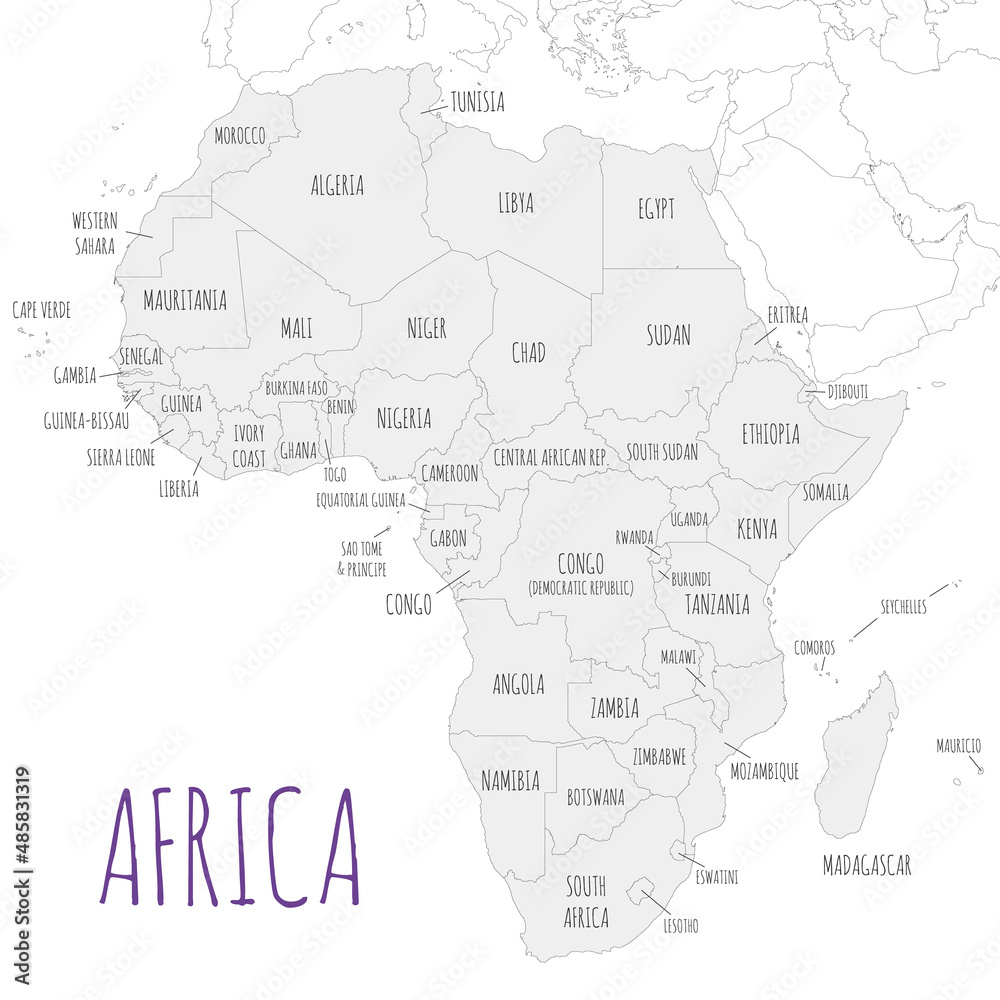 Political Africa Map vector illustration isolated in white background. Editable and clearly labeled layers.