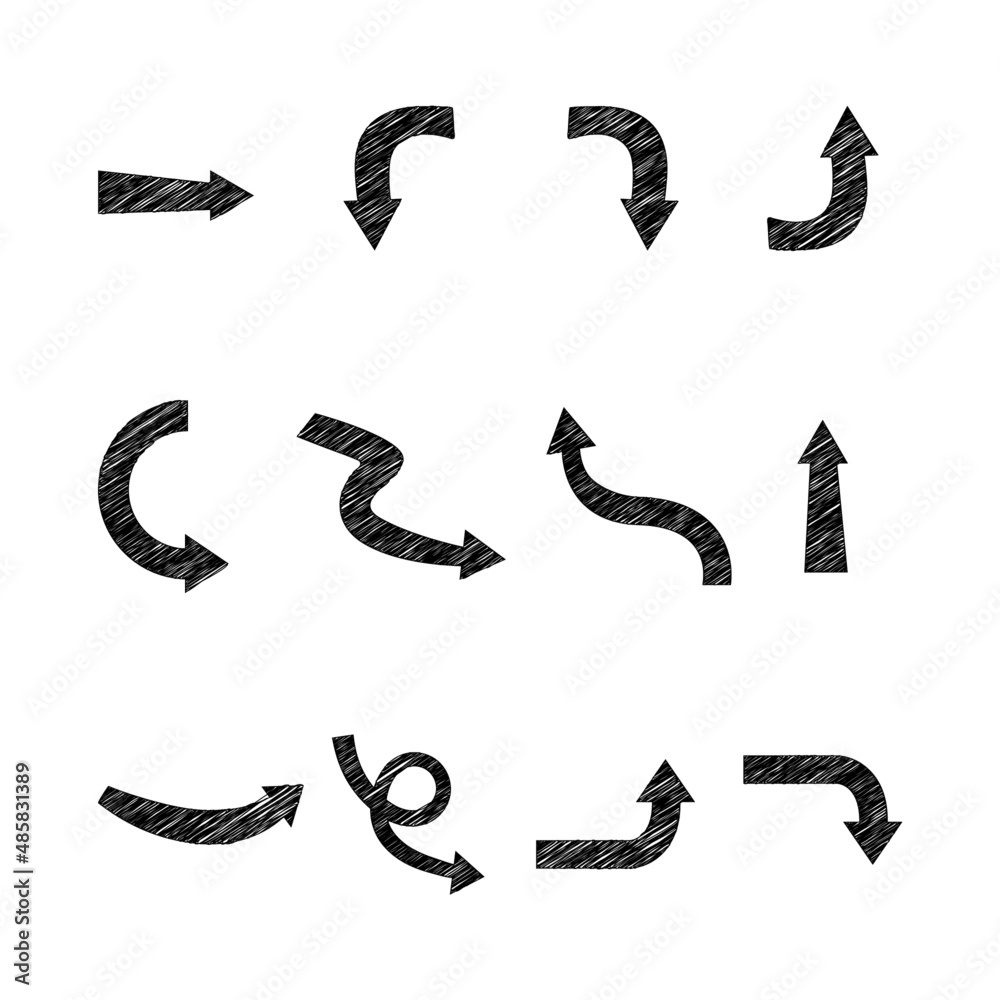 Set of black hand drawn arrow element vector. Collection of doodle arrows, lines, symbol, pointing mark, shapes on white background. Simple icon illustration for education, decoration, map. Set of black hand drawn arrow element vector. Collection of doodle arrows, lines, symbol, pointing mark, shapes on white background. Simple icon illustration for education, decoration, map.