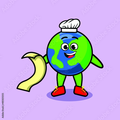 Cute cartoon earth chef mascot character with menu in hand cute modern style design for t-shirt  sticker  logo elements