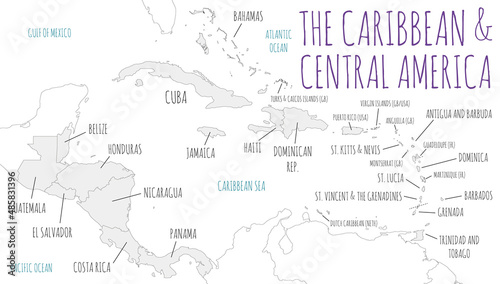 Political Caribbean and Central America Map vector illustration isolated in white background. Editable and clearly labeled layers.