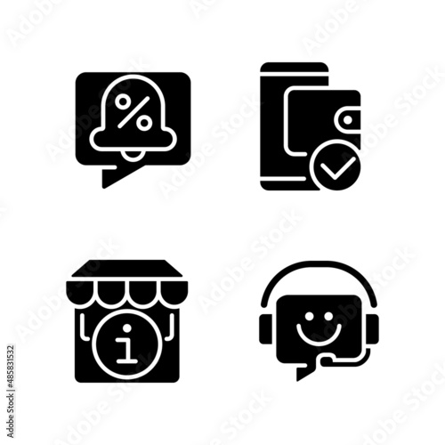 Shop website interface black glyph icons set on white space. Discounts and sales notification. Electronic wallet. Silhouette symbols. Solid pictogram pack. Vector isolated illustration