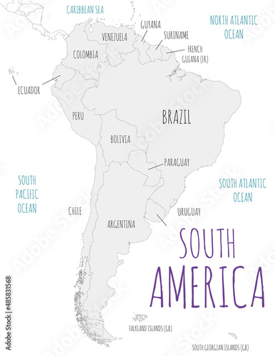 Political South America Map vector illustration isolated in white background. Editable and clearly labeled layers.