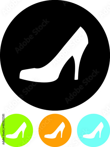 Woman's high heel shoe. Footwear store logo or outdoor round signage. Vector icon isolated