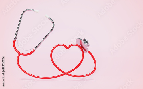 Stethoscope with red heart shape on pink background, 3D rendering illustration © VIEWVEAR