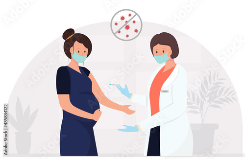 Pregnant woman and medic in medical masks vaccinating, vaccination for pregnant, healthcare concept, medicine concept, flat vector illustration