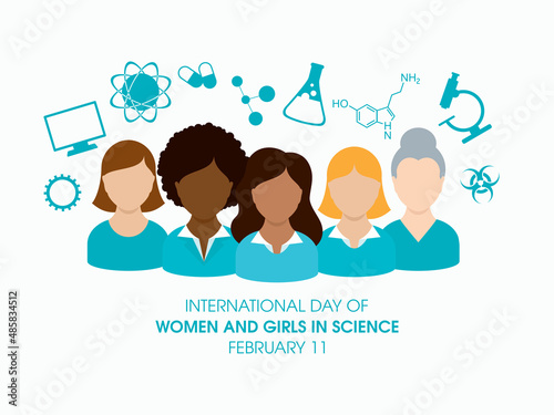 International Day of Women and Girls in Science vector. Female scientists avatar vector. Green science icon set vector. February 11, important day