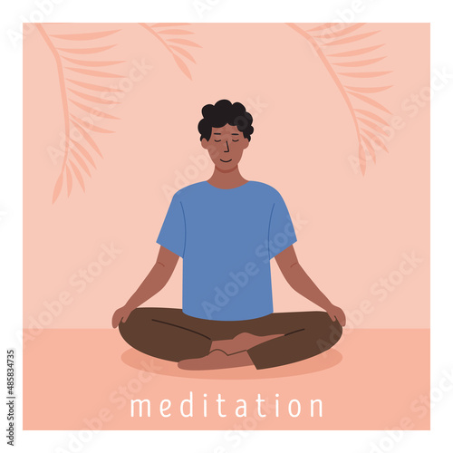 Square poster with young african male meditating and doing yoga breathing exercise. Man practicing Pranayama. Card with capture Meditation with palm leaves on background. Flat vector illustration.