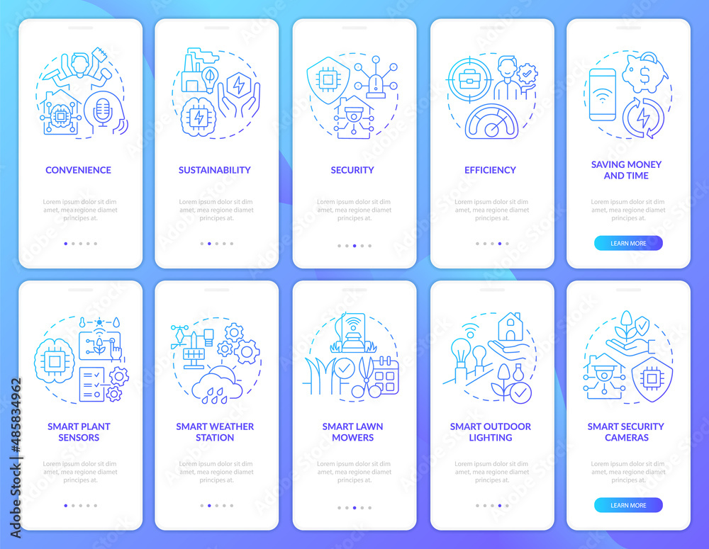 Technological innovations blue gradient onboarding mobile app screen set. Walkthrough 5 steps graphic instructions pages with linear concepts. UI, UX, GUI template. Myriad Pro-Bold, Regular fonts used
