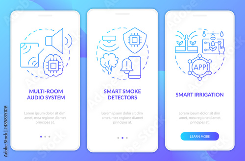 Home automation products blue gradient onboarding mobile app screen. Walkthrough 3 steps graphic instructions pages with linear concepts. UI, UX, GUI template. Myriad Pro-Bold, Regular fonts used