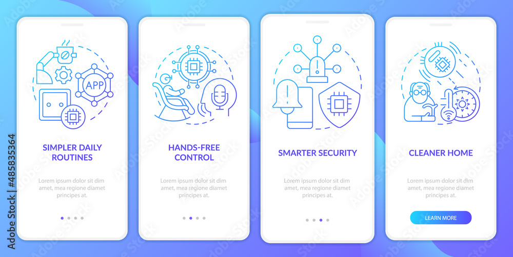 Smart technology for seniors blue gradient onboarding mobile app screen. Walkthrough 4 steps graphic instructions pages with linear concepts. UI, UX, GUI template. Myriad Pro-Bold, Regular fonts used