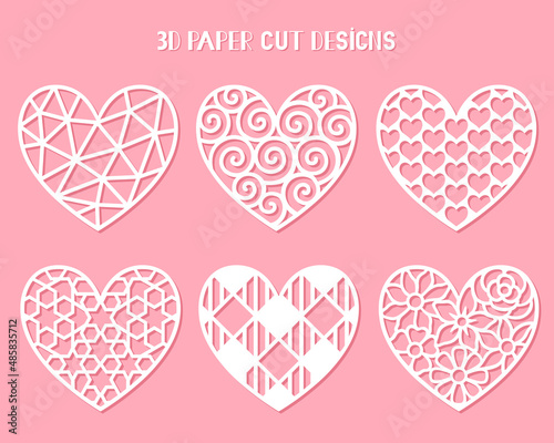 Heart paper cut templates for Valentine's, Wedding or Mother's Day. Vector set stencils. Decorative holidays symbol. Carved patterns. For laser, plotter cutting, printing on t shirts.