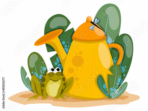 A funny cartoon frog sits in thickets of tall grass near a big yellow watering can. Vector children's illustration