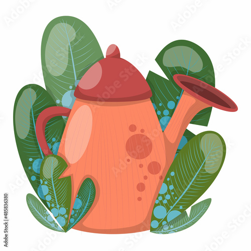 Large garden watering can in thickets of plants. Vector illustration