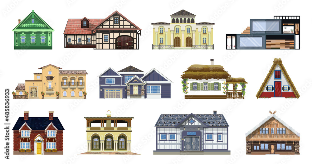 Illustrations of residential buildings from different countries. Houses
