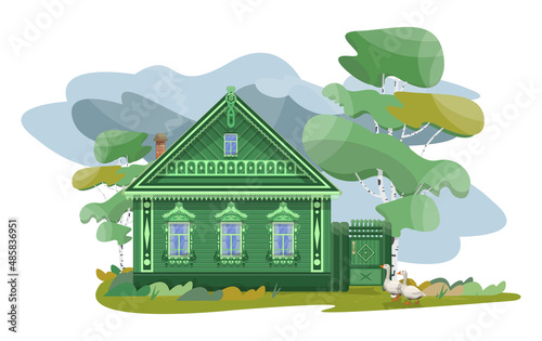 Illustration of a Russian house in the village. Russian architectural style.