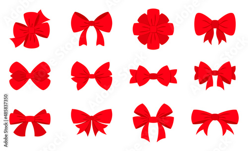 Red bow holiday gift party birthday xmas flat set. Decoration important event present sign attention. Different tie shape decor room product wedding holiday packaging element valentine love isolated