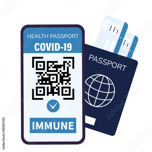 Electronic passport of immunity to COVID-19. Concept of Coronavirus Jab Online Certificate. Status Vaccinated on mobile phone app with qr code. Worldwide health campaign. Vector flat.
