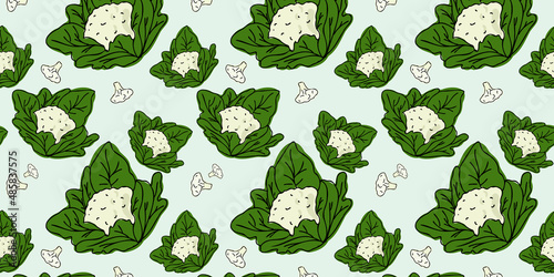 Cauliflower whole and slices, beautiful vector seamless pattern. Fruit, suitable for wallpapers, web page food backgrounds, surface textures, textiles. Doodle or hand drawn cartoon style.