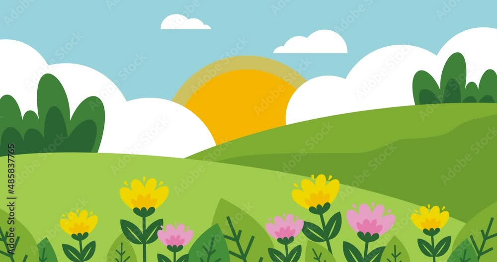 animated background of green and cool hills scenery with beautiful flowers
