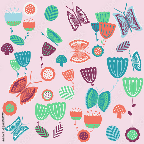 Colorful butterflies and flowers. Perfect for backgrounds, wallpapers, fabric, textile, etc.