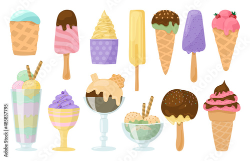 Ice cream with different taste toppings shape cartoon set. Glassware waffle cup delicious cold dessert popsicle strawberry chocolate banana blueberry pistachio frozen juice product isolated on white