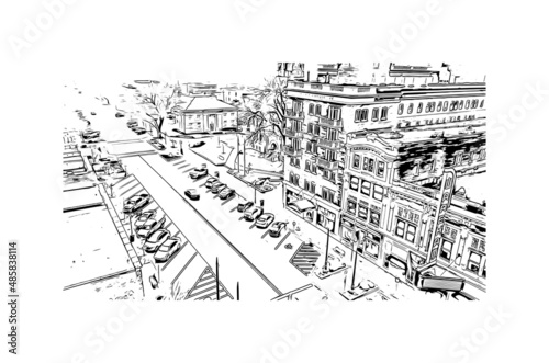 Building view with landmark of Manhattan is the most densely populated place in New York City. Hand drawn sketch illustration in vector.
